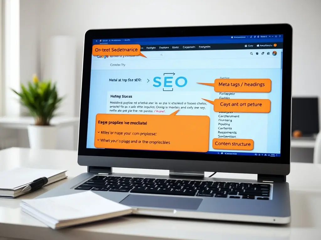 A website screen highlighting SEO elements like meta tags and content structure.