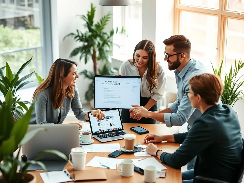 A team brainstorming content ideas with laptops and notes.